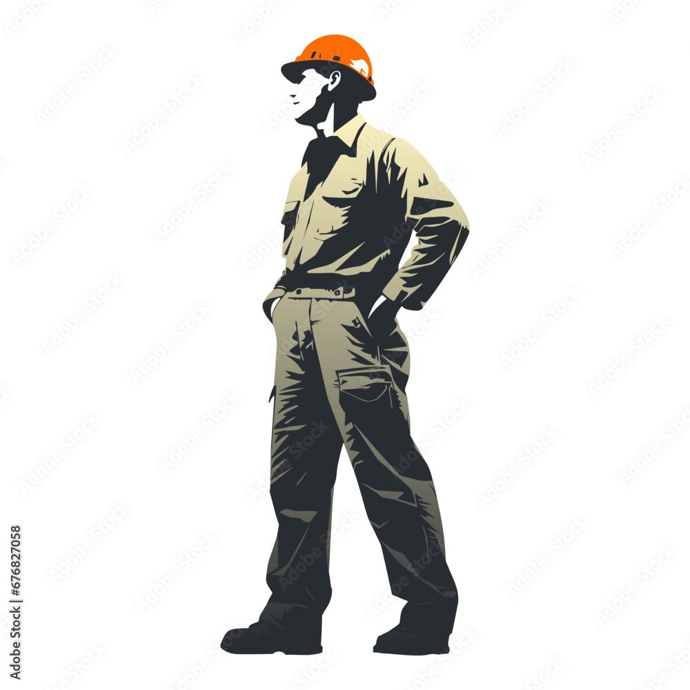 Construction worker poses wearing helmet and khaki work overall. Warehouse worker in uniform. Transparent PNG. Retro clipart. Worker silhouette. Abstract vector illustration isolated on white