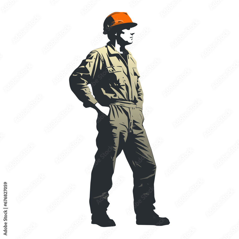 Construction worker poses wearing helmet and khaki work overall. Warehouse worker in uniform. Transparent PNG. Retro clipart. Worker silhouette. Abstract vector illustration isolated on white Construction worker poses wearing helmet and khaki work overall. Warehouse worker in uniform. Transparent PNG. Retro clipart. Worker silhouette. Abstract vector illustration isolated on white