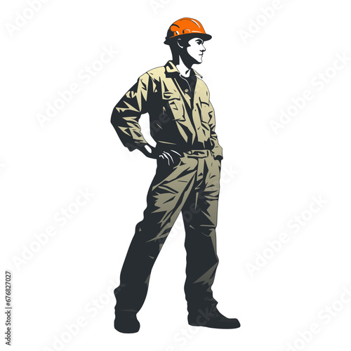 Construction worker poses wearing helmet and khaki work overall. Warehouse worker in uniform. Transparent PNG. Retro clipart. Worker silhouette. Abstract vector illustration isolated on white