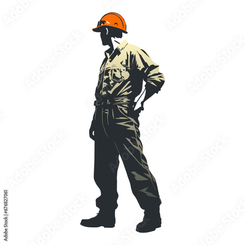 Construction worker poses wearing helmet and khaki work overall. Warehouse worker in uniform. Transparent PNG. Retro clipart. Worker silhouette. Abstract vector illustration isolated on white © Mykhailo Shvets
