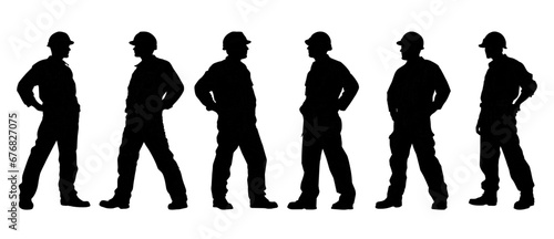 Construction worker poses, wearing helmet and work overall. Warehouse worker in uniform. Transparent PNG. Retro clipart. Worker silhouette set. Abstract vector illustration isolated on white