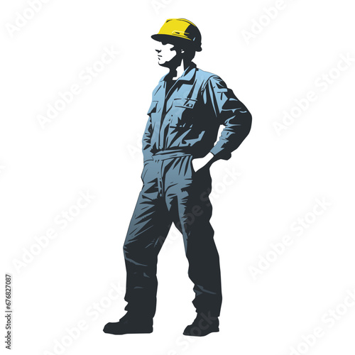 Construction worker poses wearing helmet and blue work overall. Warehouse worker in uniform. Transparent PNG. Retro clipart. Worker silhouette. Abstract vector illustration isolated on white