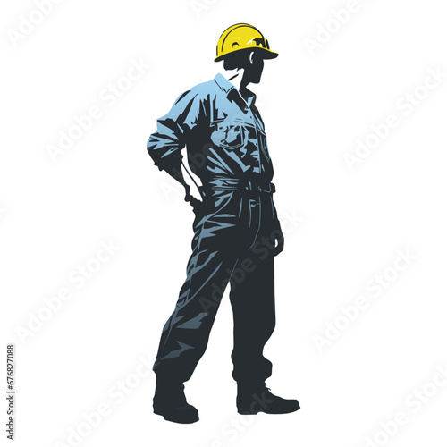 Construction worker poses wearing helmet and blue work overall. Warehouse worker in uniform. Transparent PNG. Retro clipart. Worker silhouette. Abstract vector illustration isolated on white