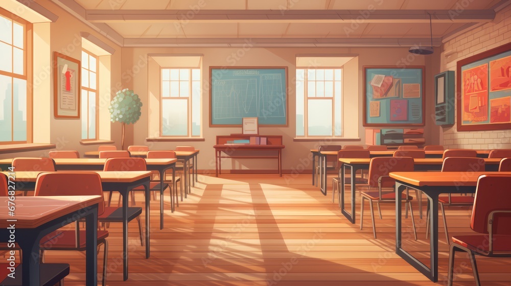 Empty classroom, vintage wooden interior with lecture chairs and desks