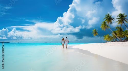A couple walking on a white sand beach on a paradise island