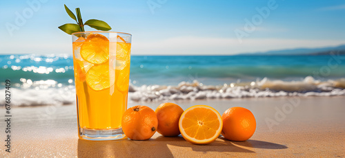 beach with orange juice, refreshing drink, beverage advertising concept