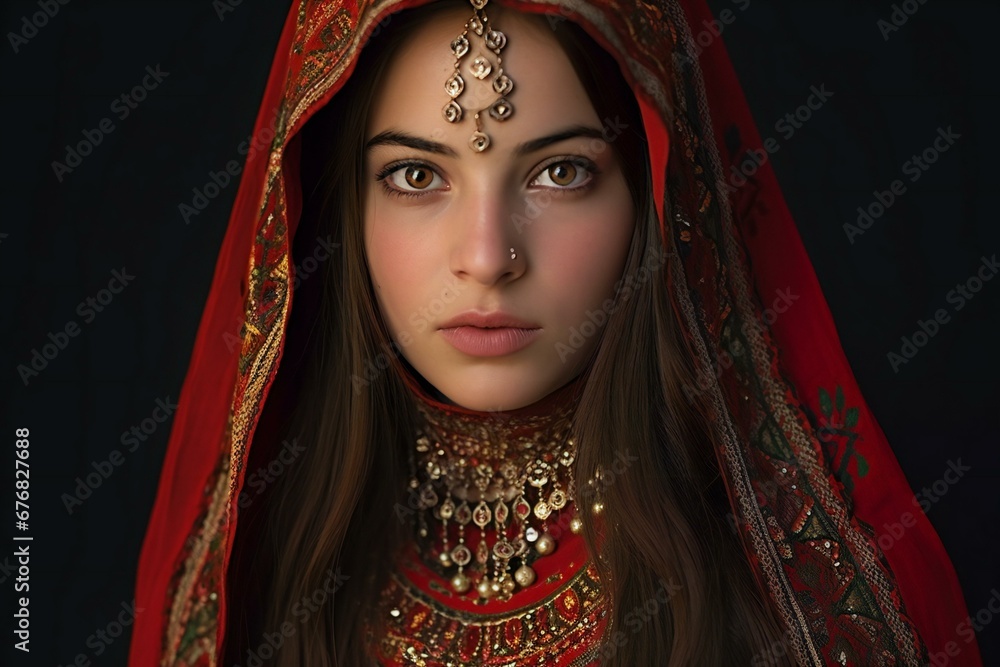 Portrait of beautiful young woman in indian costume on dark background