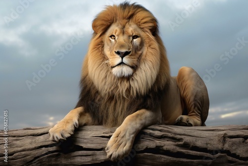 Lion lying on a log with cloudy sky in the background