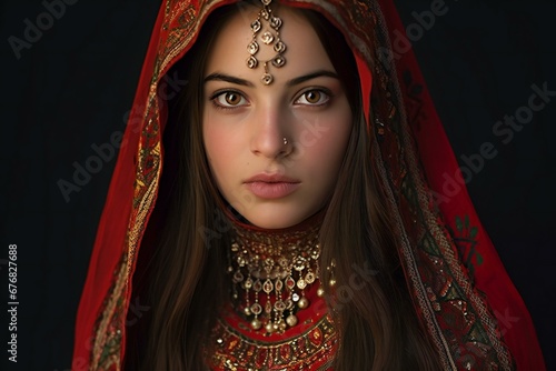 Portrait of beautiful young woman in indian costume on dark background