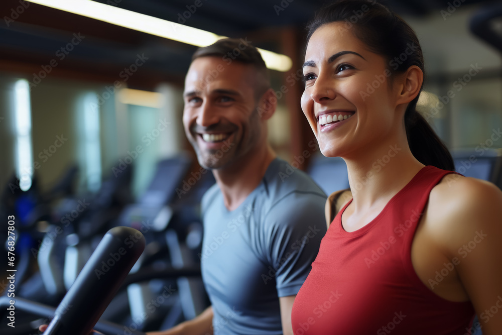 Fototapeta premium Young couple running on treadmills in modern gym. healthy lifestyle