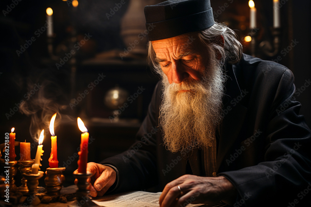 old greek orthodox priest with long beard and hat reads the Holy Bible in a Church by candlelight - obrazy, fototapety, plakaty 