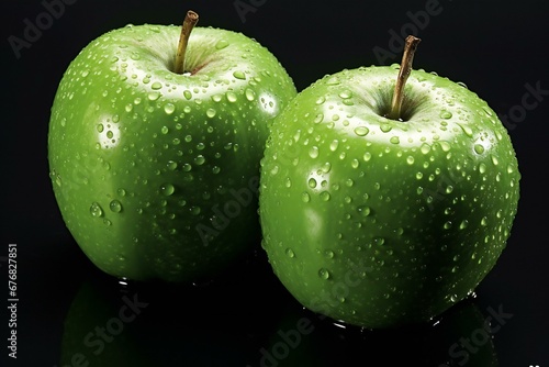Green apples with water drops on a black background, close-up
