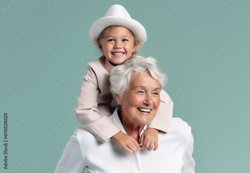 Grandmother Radiates Joy as Grandchild Rides High on Her Shoulders in Pastel-Hued Portrait of Love and Laughter, AI generated Grandmother Radiates Joy as Grandchild Rides High on Her Shoulders in Pastel-Hued Portrait of Love and Laughter, AI generated
