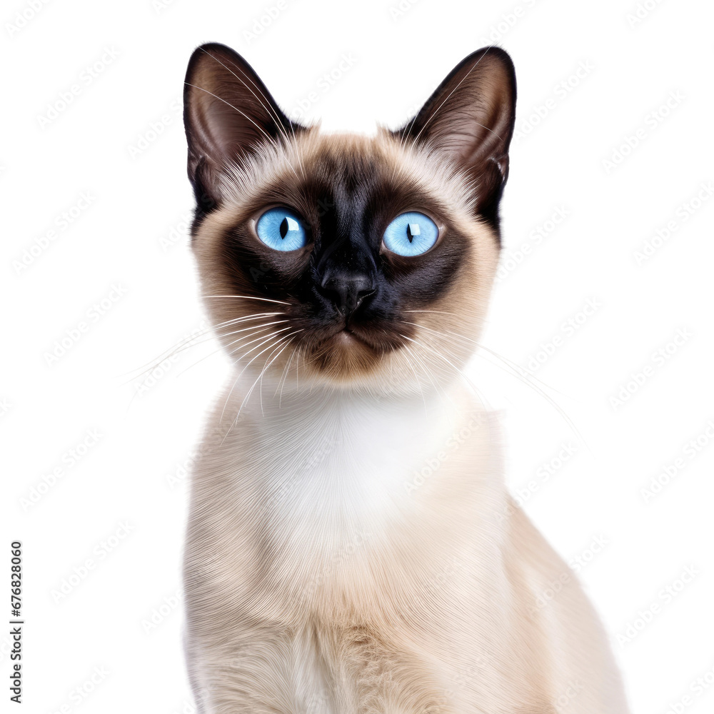 Siamese Cat with Blue Eyes Closeup, Isolated