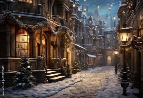 AI generated image of a small European village decked up for Christmas