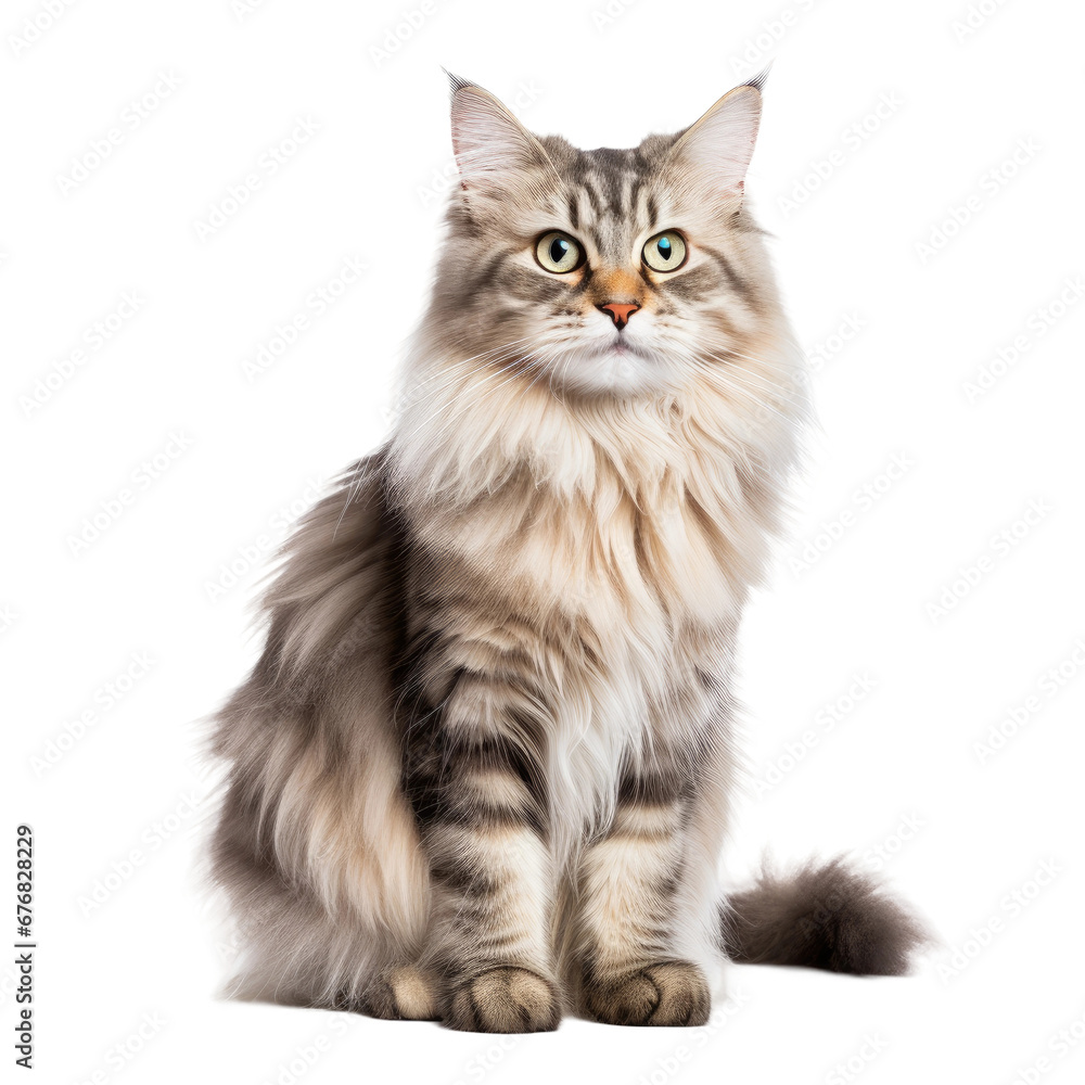 Majestic Siberian Cat with Lush Fur on Transparent Background