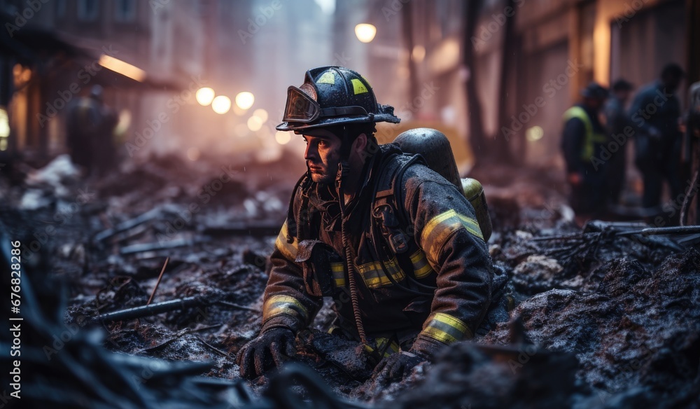 Firemans wearing firefighter turnouts and helmet. Dark background with smoke and blue light. Firemans wearing firefighter turnouts and helmet. Dark background with smoke and blue light.