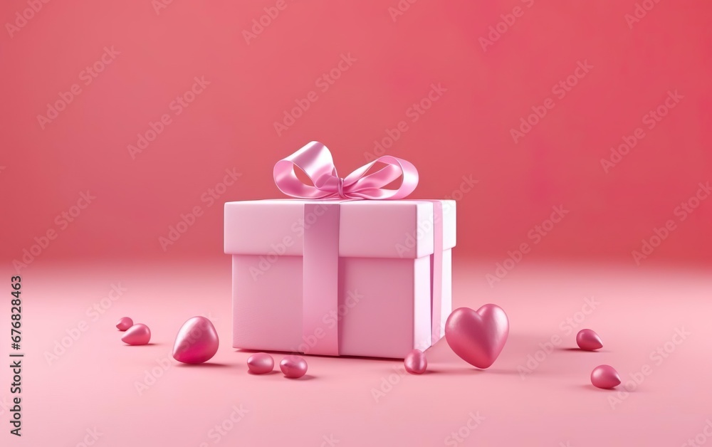 Warm pink background banner with a gift box surrounded by little hearts. Valentines day, engagement or wedding party poster. AI Generative