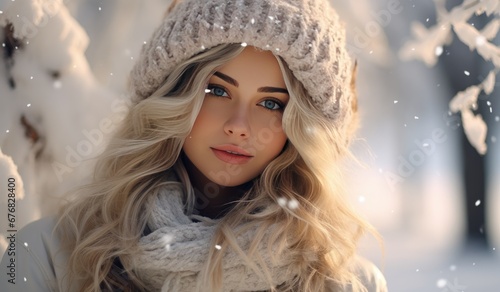 Amidst the winter cold, a happy and stylish young woman with a beautiful smile poses outdoors, dressed elegantly.