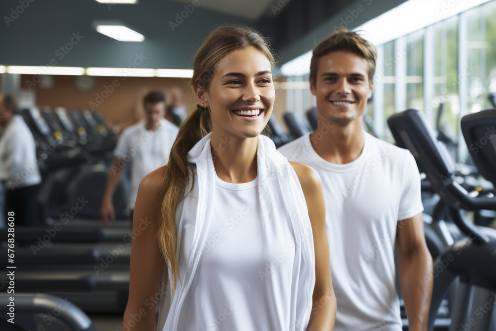 Young couple running on treadmills in modern gym. healthy lifestyle Young couple running on treadmills in modern gym. healthy lifestyle