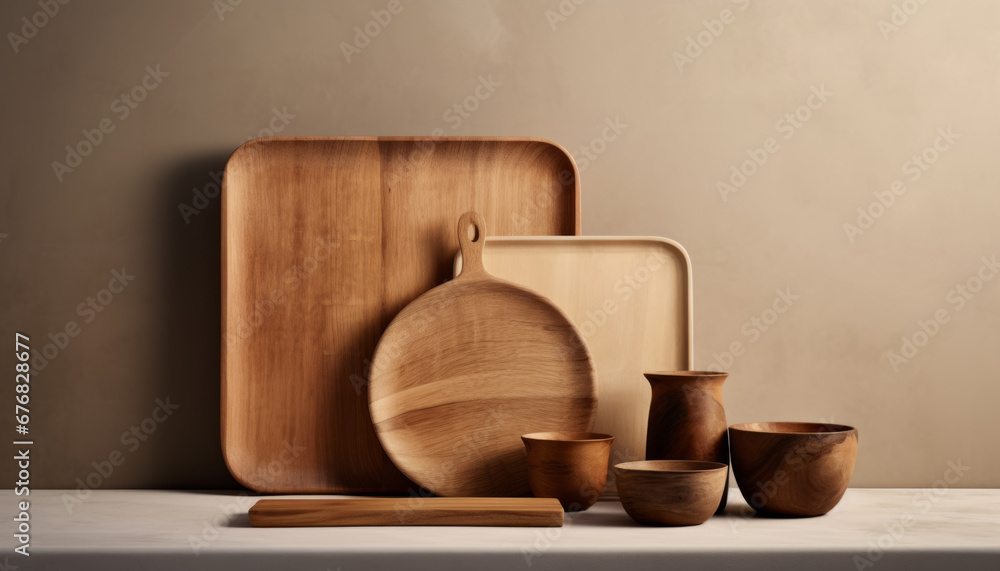 Aesthetic kitchen table with eco wooden cutting board, trays and bowls for modern cooking background in minimalist style. Aesthetic kitchen table with eco wooden cutting board, trays and bowls for modern cooking background in minimalist style.