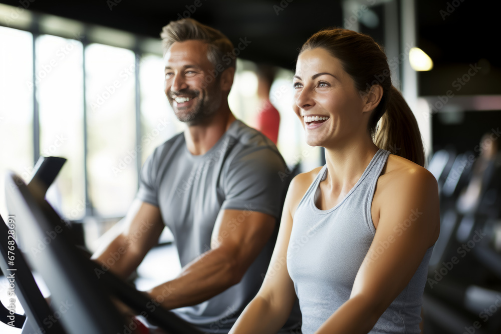 middle age couple running on treadmills in modern gym. healthy lifestyle