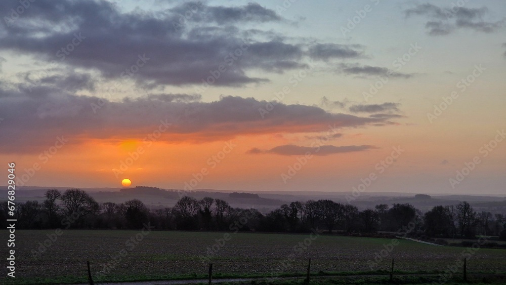 Fenced field with leafless trees under cloudy sunset sky