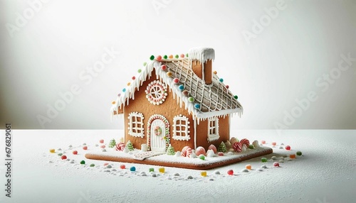 AI generated illustration of a gingerbread house against a white background.