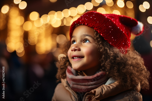 Little girl looking up at the Christmas tree and smiling by Generative AI © sonatik