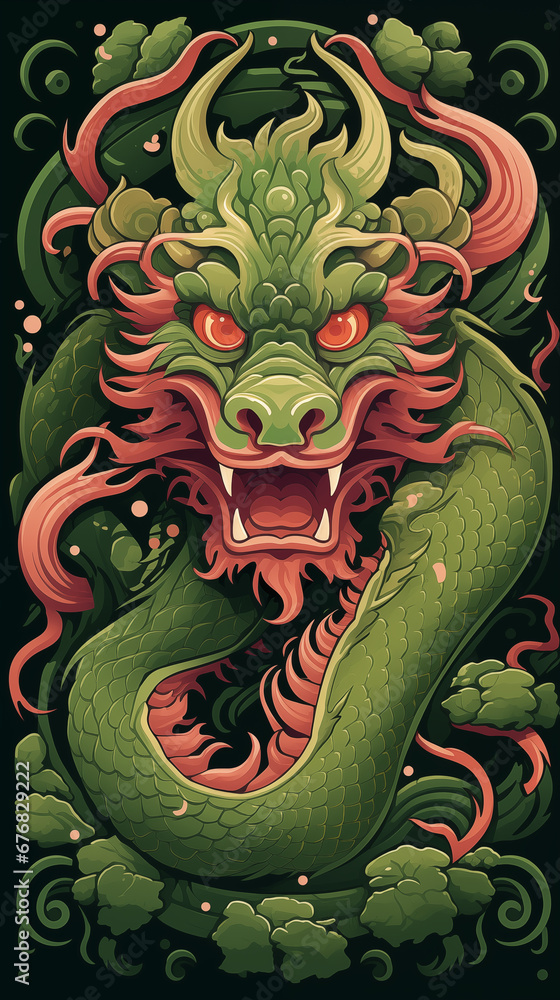 Fototapeta premium Happy Chinese New Year 2024. A set of posters with a green wooden dragon. 