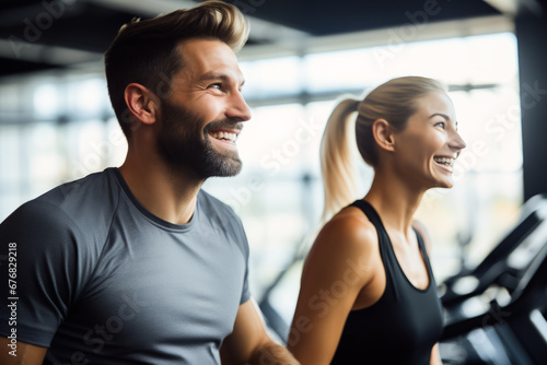 Young couple running on treadmills in modern gym. healthy lifestyle