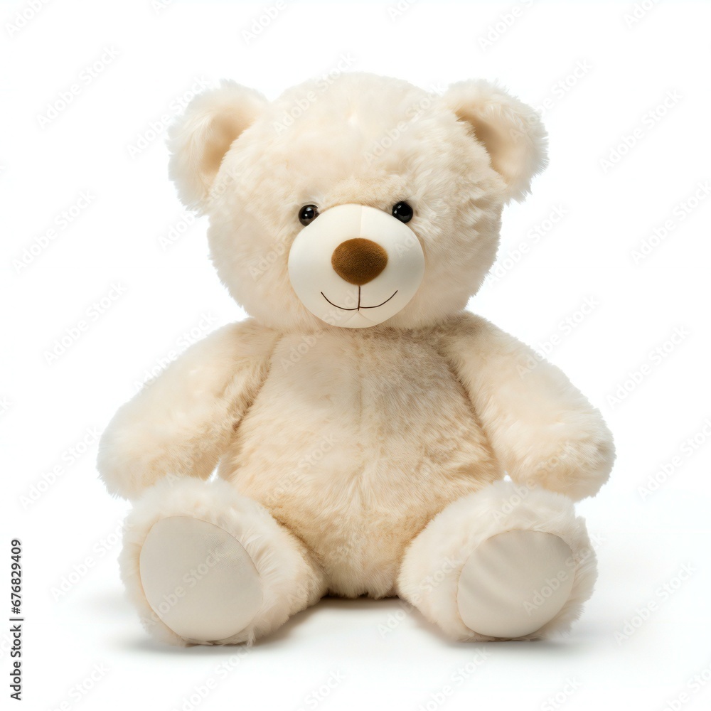 Teddy bear sitting on white background,  Close-up image