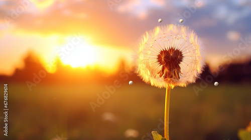 Sunset Dandelion Wish: A mesmerizing scene of dandelion seeds floating in the sunset breeze. © Sunanta