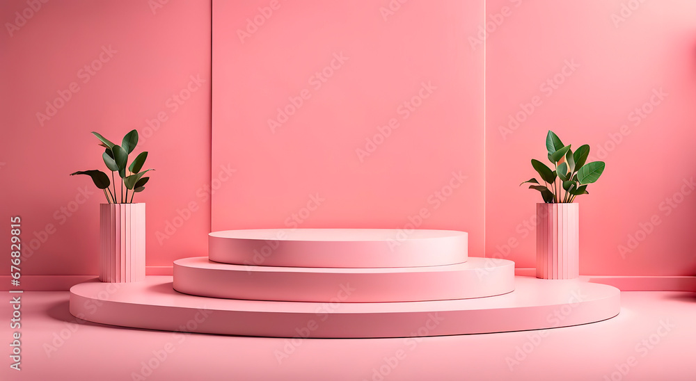 Round podium pedestal cosmetic beauty product presentation empty mockup on pink pastel background