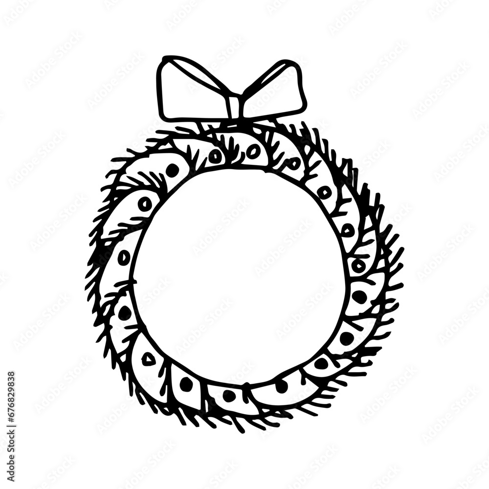 New Year's wreath with bow on white background. Black and white Handmade doodle illustration of decorative Christmas door decoration. New Year's wreath of Christmas tree branches, berries. New Year's wreath with bow on white background. Black and white Handmade doodle illustration of decorative Christmas door decoration. New Year's wreath of Christmas tree branches, berries.