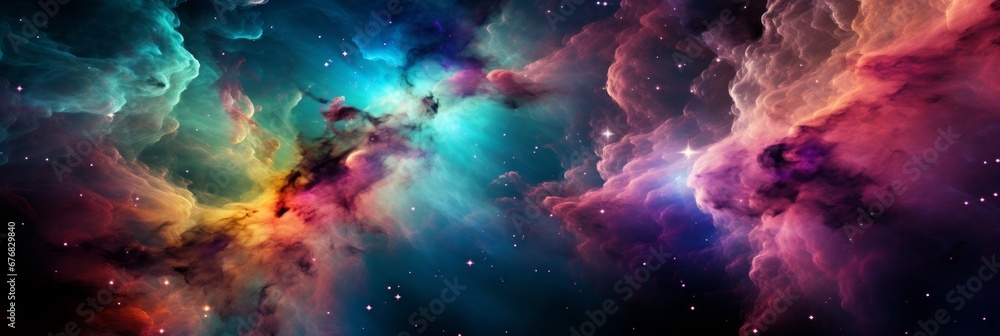 Vibrant celestial space galaxy cloud illuminating night sky, revealing cosmos wonders
