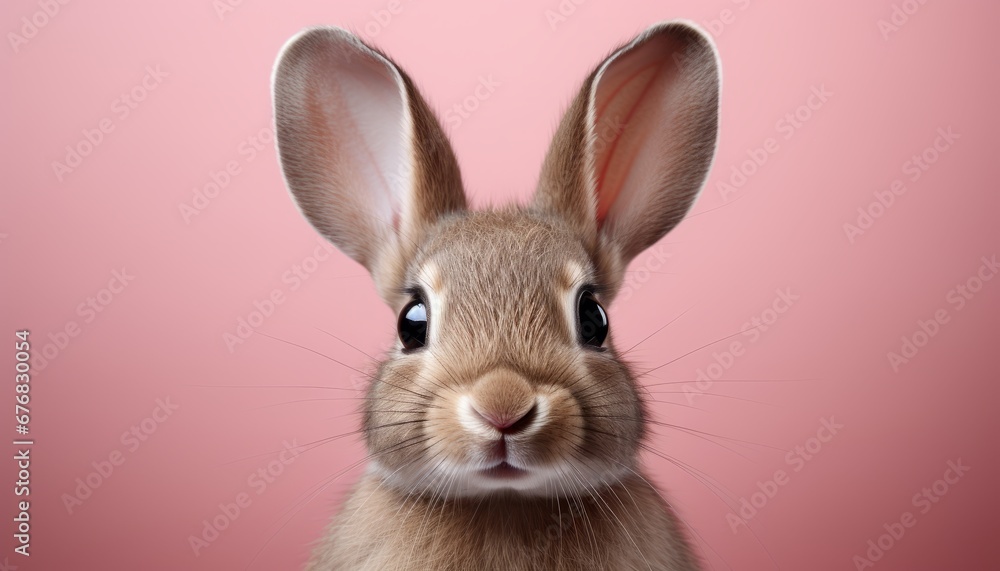 Adorable bunny with pink ears sitting on vibrant solid color background in professional studio shot