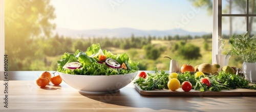 In the background of a serene nature scene a bright green salad sits on a white kitchen table showcasing the vibrant colors of healthy and nutritious food