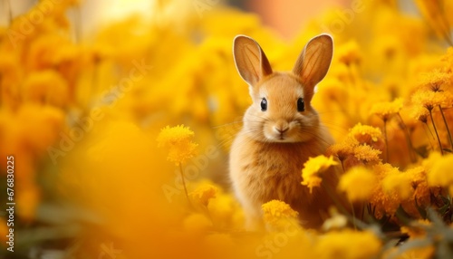 Cute bunny surrounded by blooming flowers on vibrant background studio shot with copy space