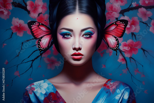 portrait of a Japanese woman with butterflies