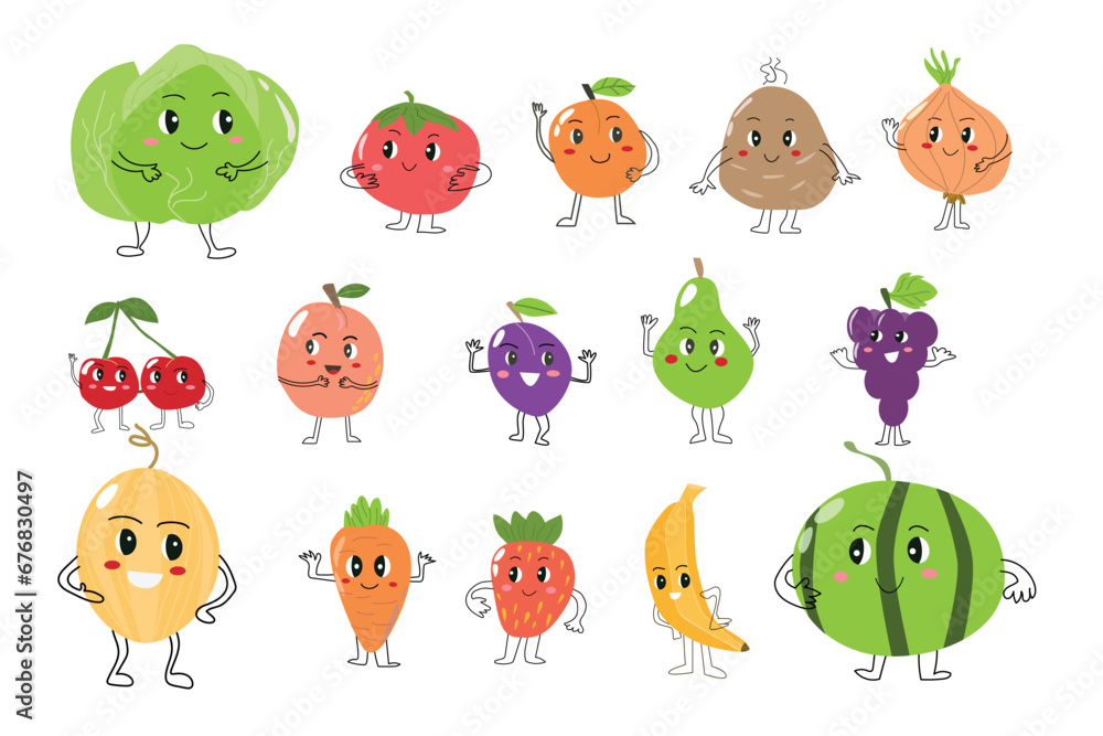 Fototapeta premium set of cute vegetables and fruits with outline