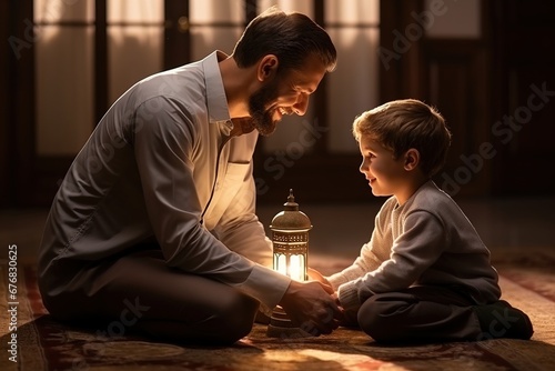 A father and son pray on their knees in a room