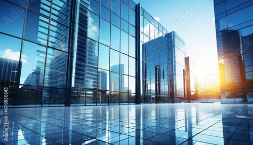Stunning aerial view of awe inspiring reflective glass skyscrapers in a vibrant business district