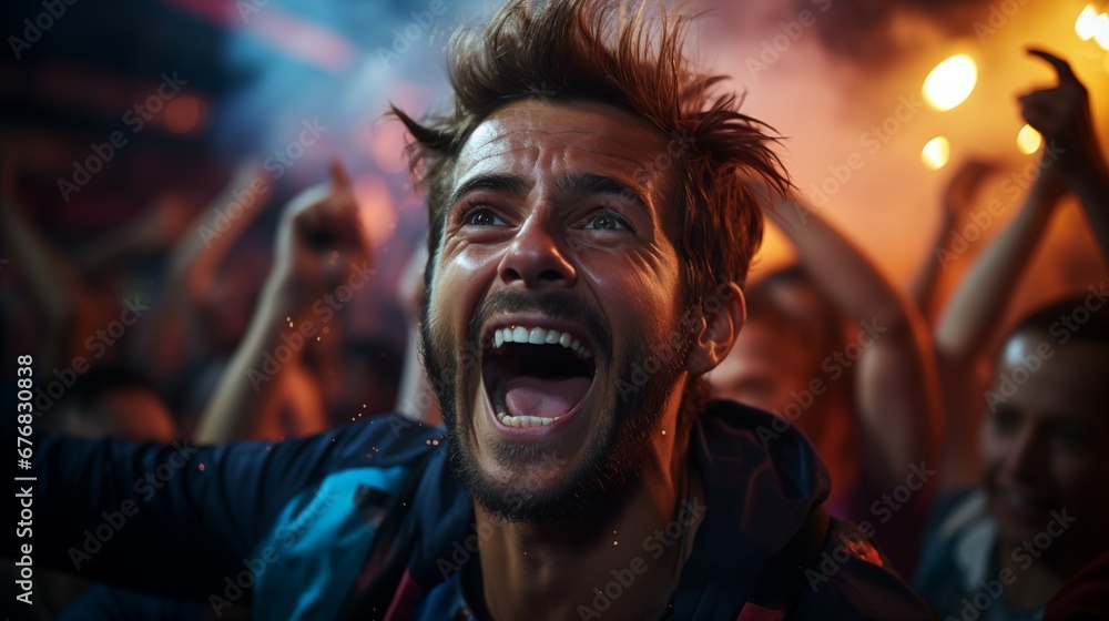 Enthusiastic Sports Fan Celebrating Victory at Event Enthusiastic Sports Fan Celebrating Victory at Event