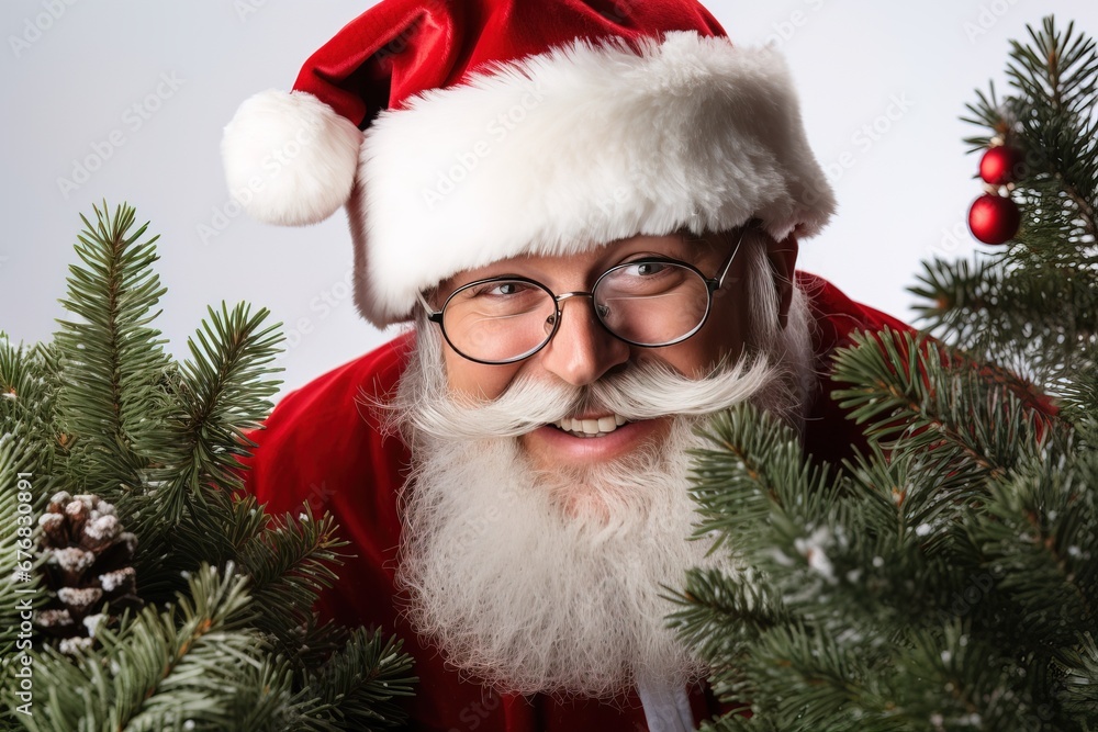 Smiling Santa Claus peeks out from behind the Christmas tree Smiling Santa Claus peeks out from behind the Christmas tree