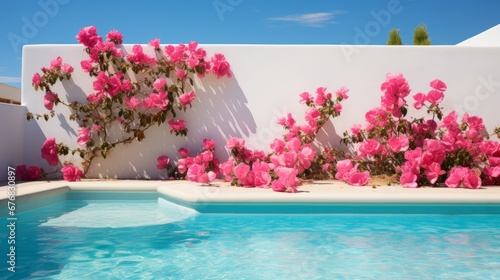 A minimalist Mediterranean White Wall and Blue Pool, Accented by Delicate Pink Flowers. 