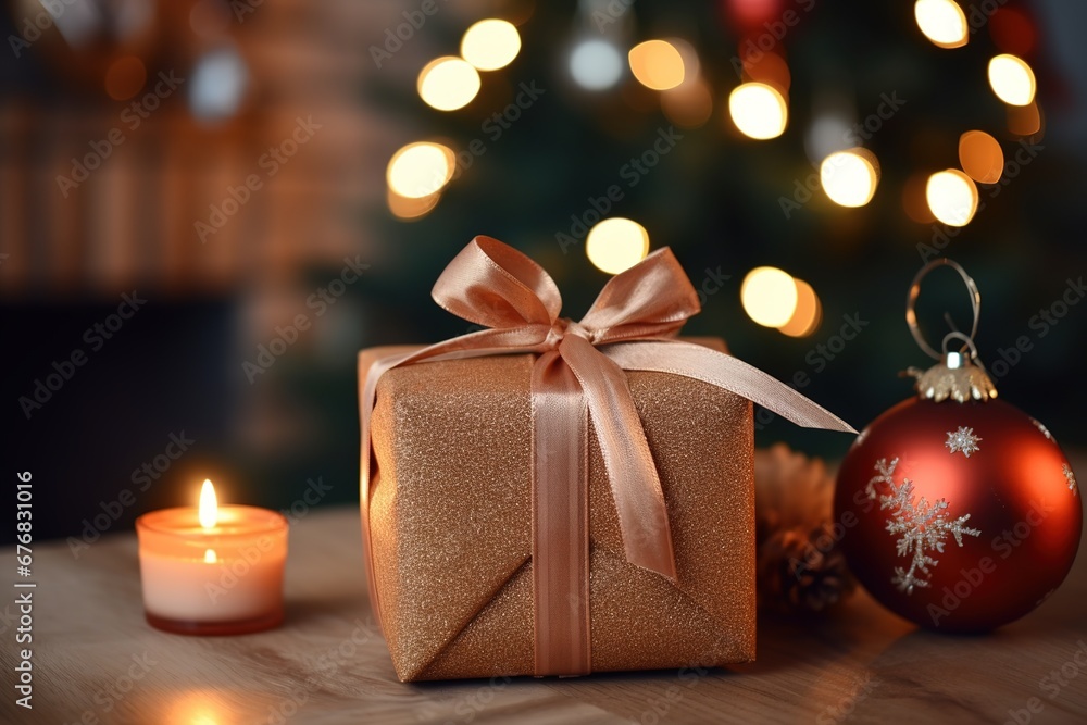 A box with a Christmas gift under the Christmas tree A box with a Christmas gift under the Christmas tree