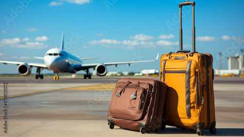 Luggage and airplane on the runway of the airport. Travel concept