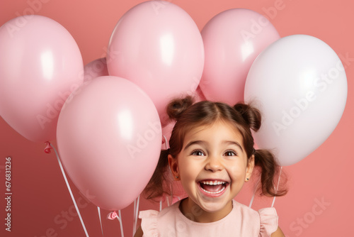 Happy latin little girl excited looking up in the balloons © Ari