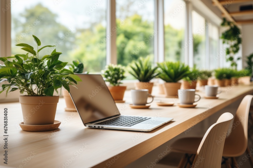Minimalistic home office with laptop, coffee cup on desk, and blurred living room background Minimalistic home office with laptop, coffee cup on desk, and blurred living room background